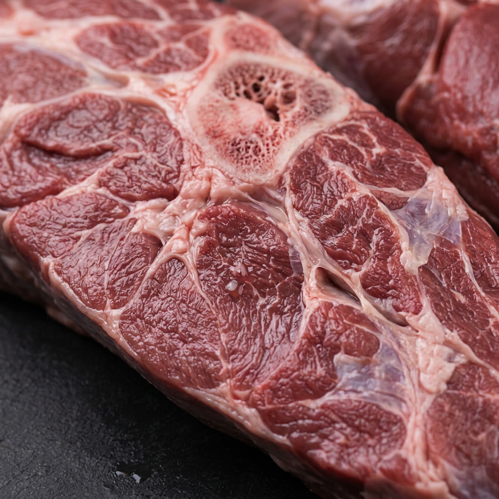 Close-up of halal beef marbling from UK supplier