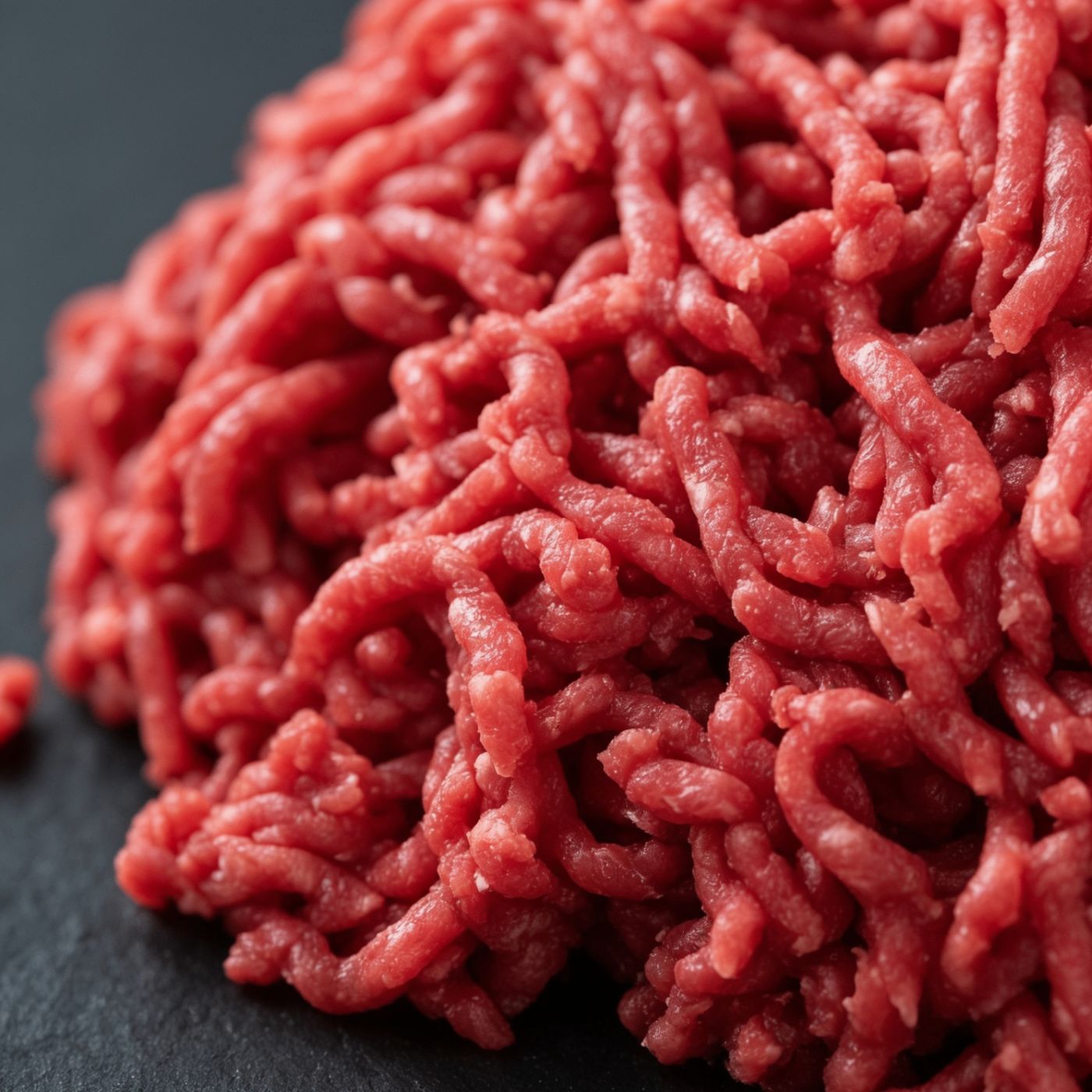 Close-up of raw Black Angus 100% lean beef mince in a butcher tray