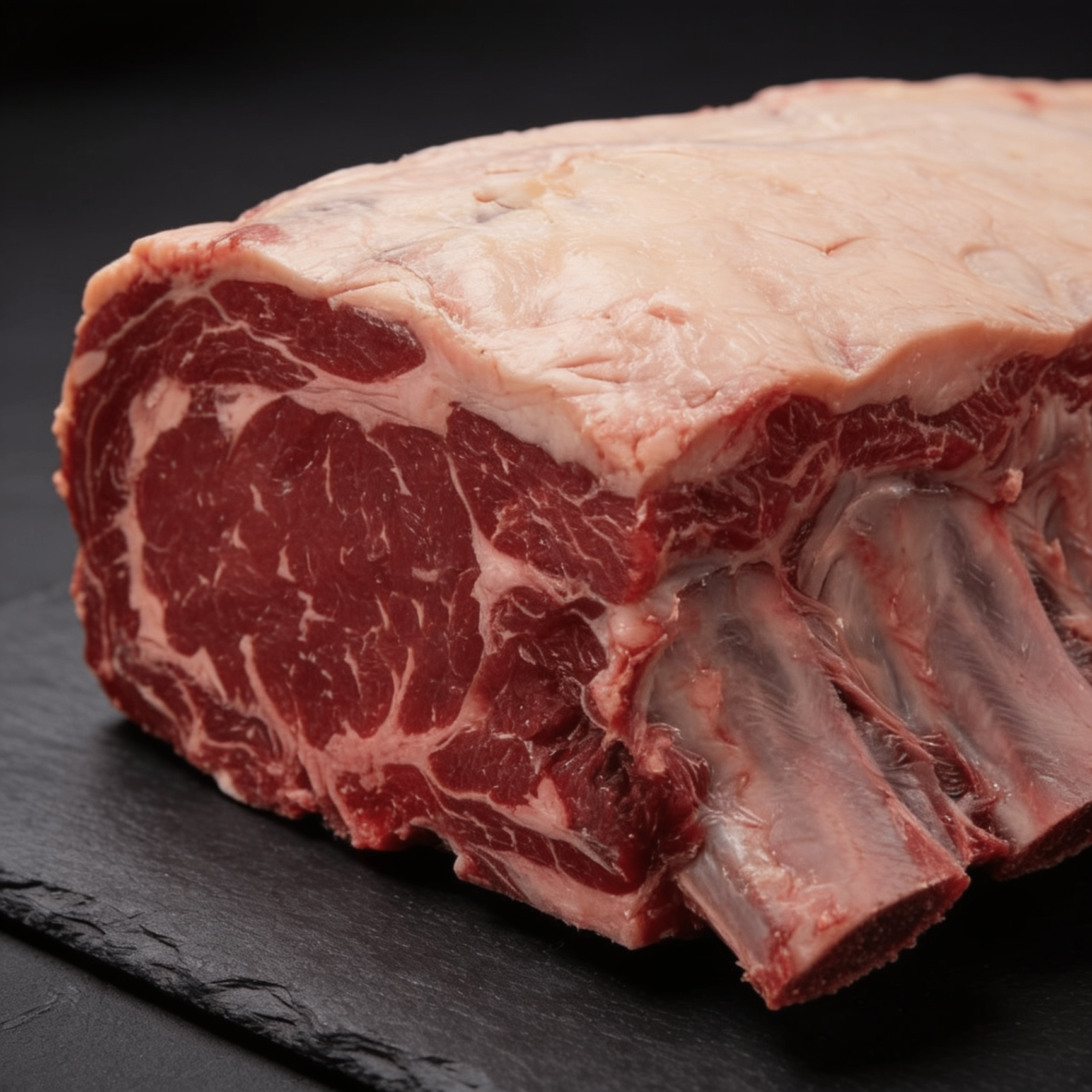 Close-up of raw Black Angus Jacob's Ladder beef short ribs across the bone