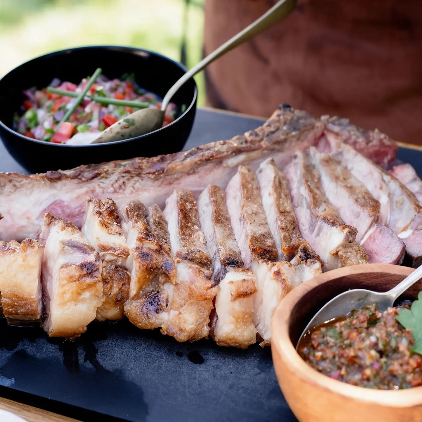 Cooked Argentinian Angus sirloin sliced and rested