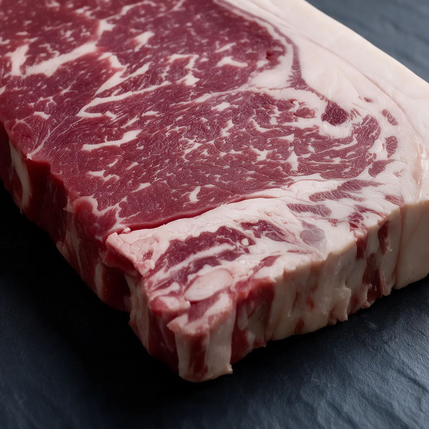 Close-up of Argentinian Angus sirloin marbling from UK wholesale supplier