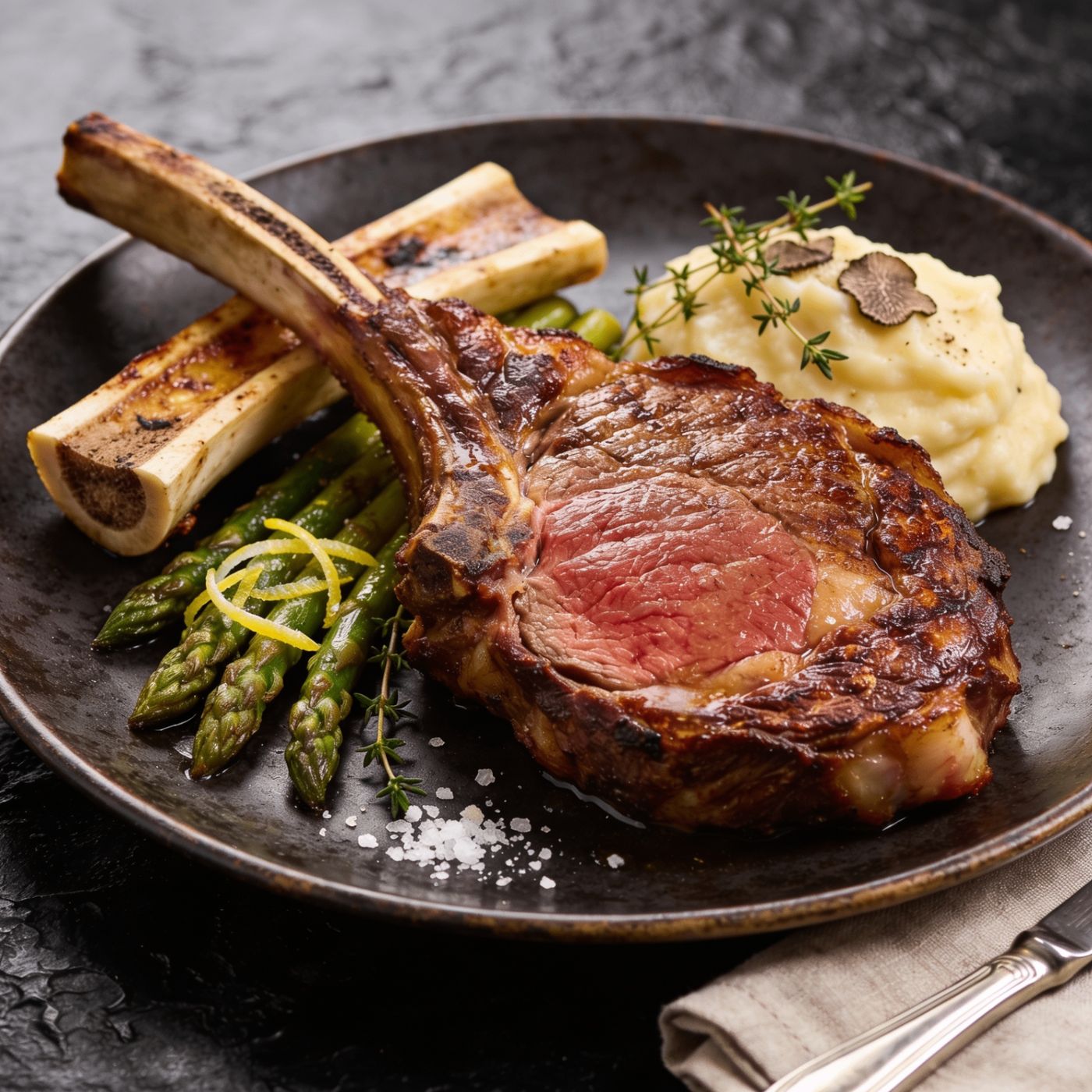 Grilled and sliced Black Angus Cote de Boeuf on a board
