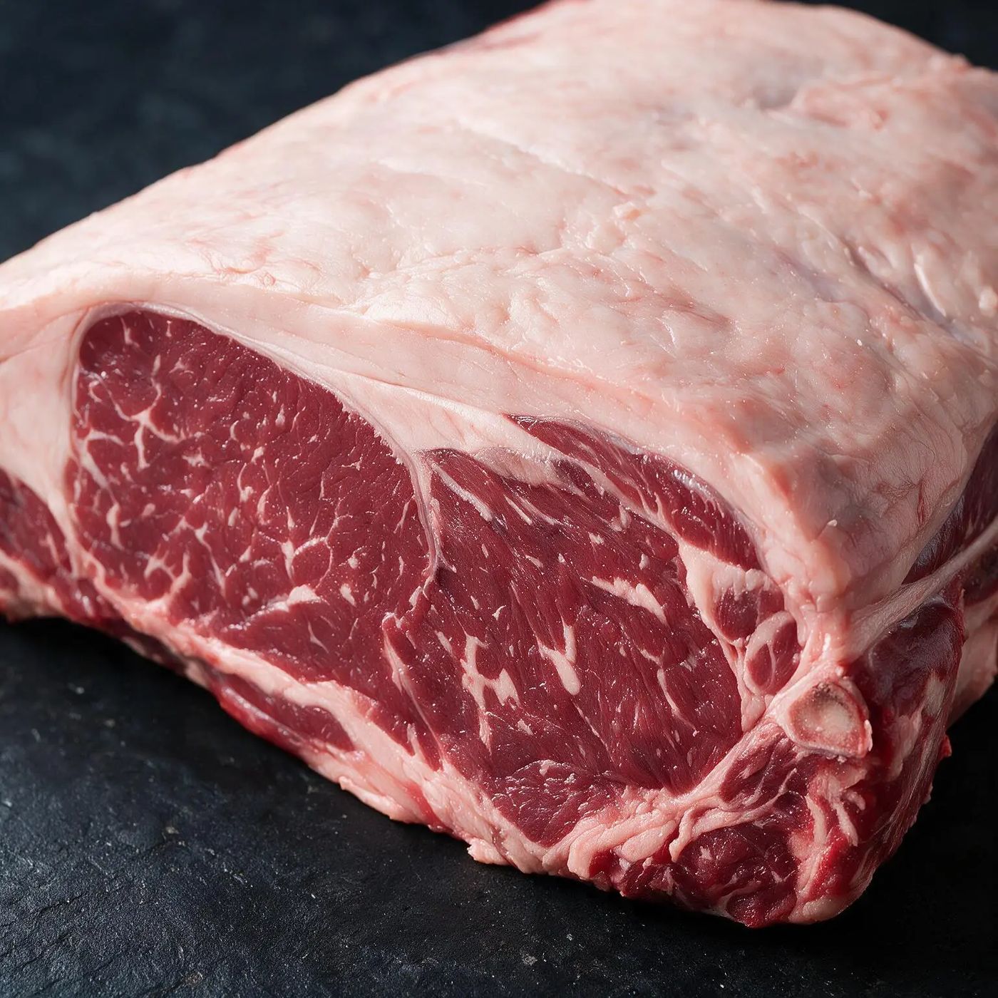 Close-up of halal beef marbling from UK supplier
