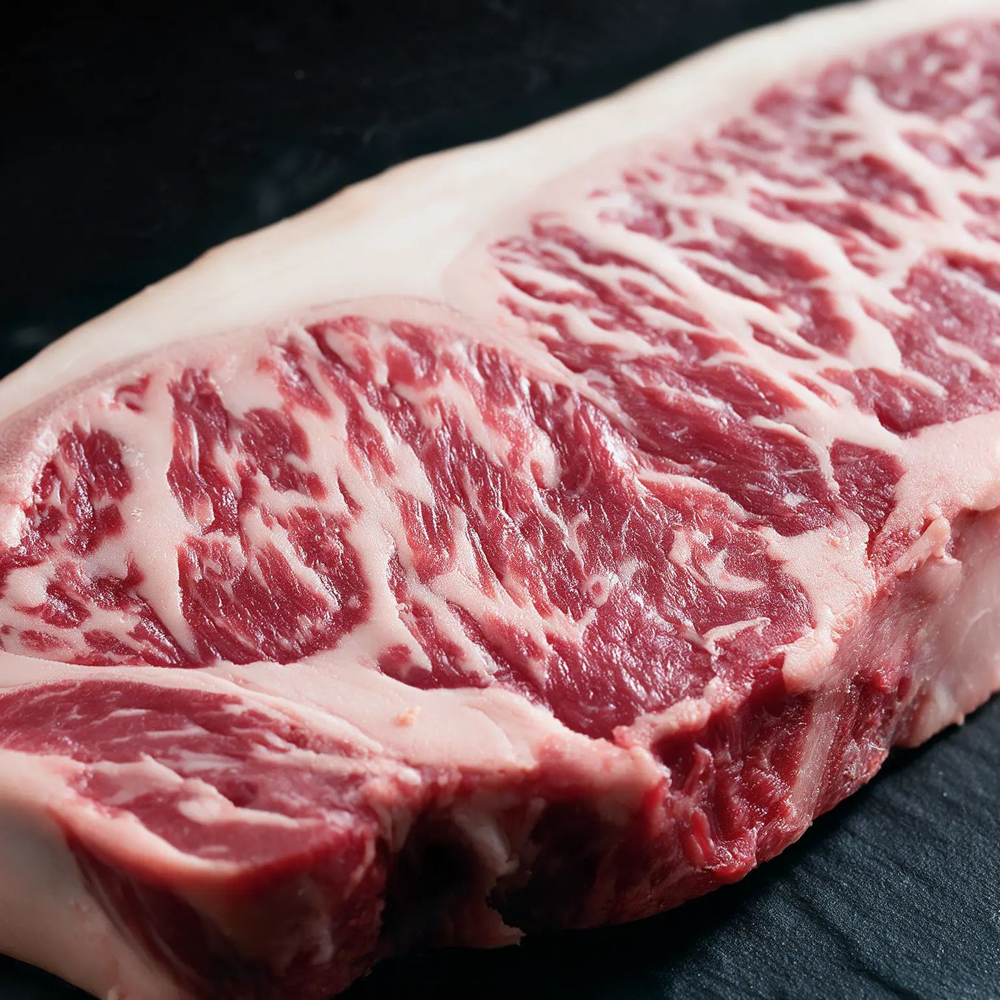 Close-up of Wagyu sirloin marbling from UK wholesale supplier