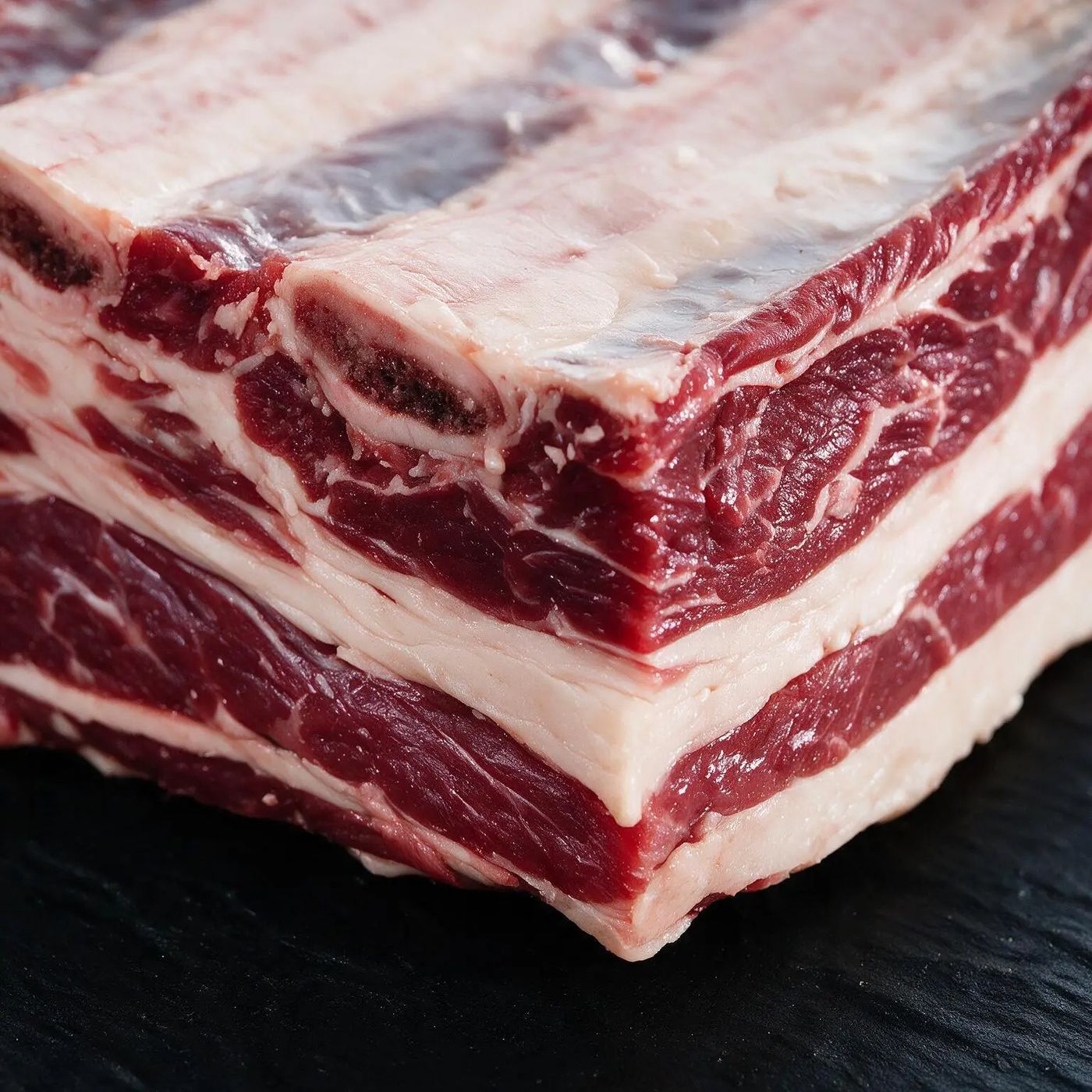 Close-up of raw Black Angus Jacob's Ladder beef short ribs across the bone