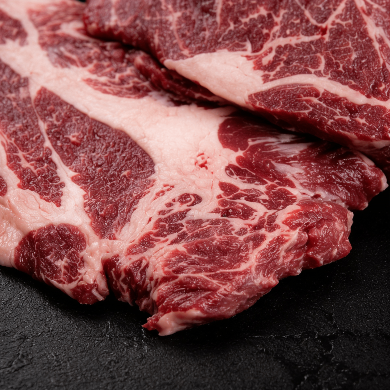 Close-up of halal beef marbling from UK supplier