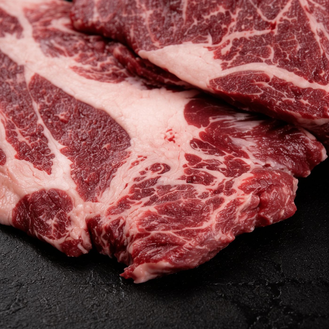 Close-up of halal beef marbling from UK supplier