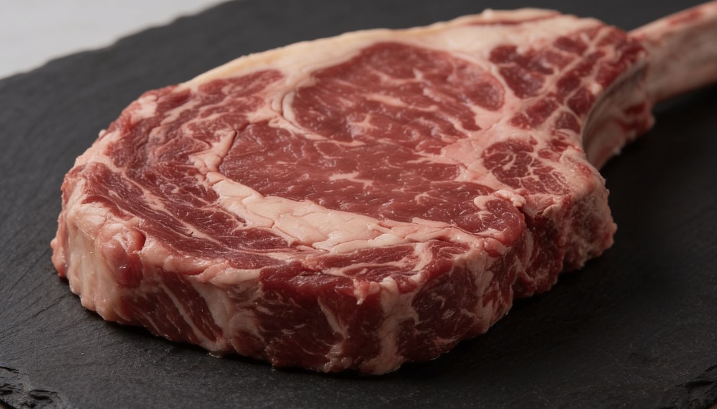 Close-up of halal beef marbling from UK supplier