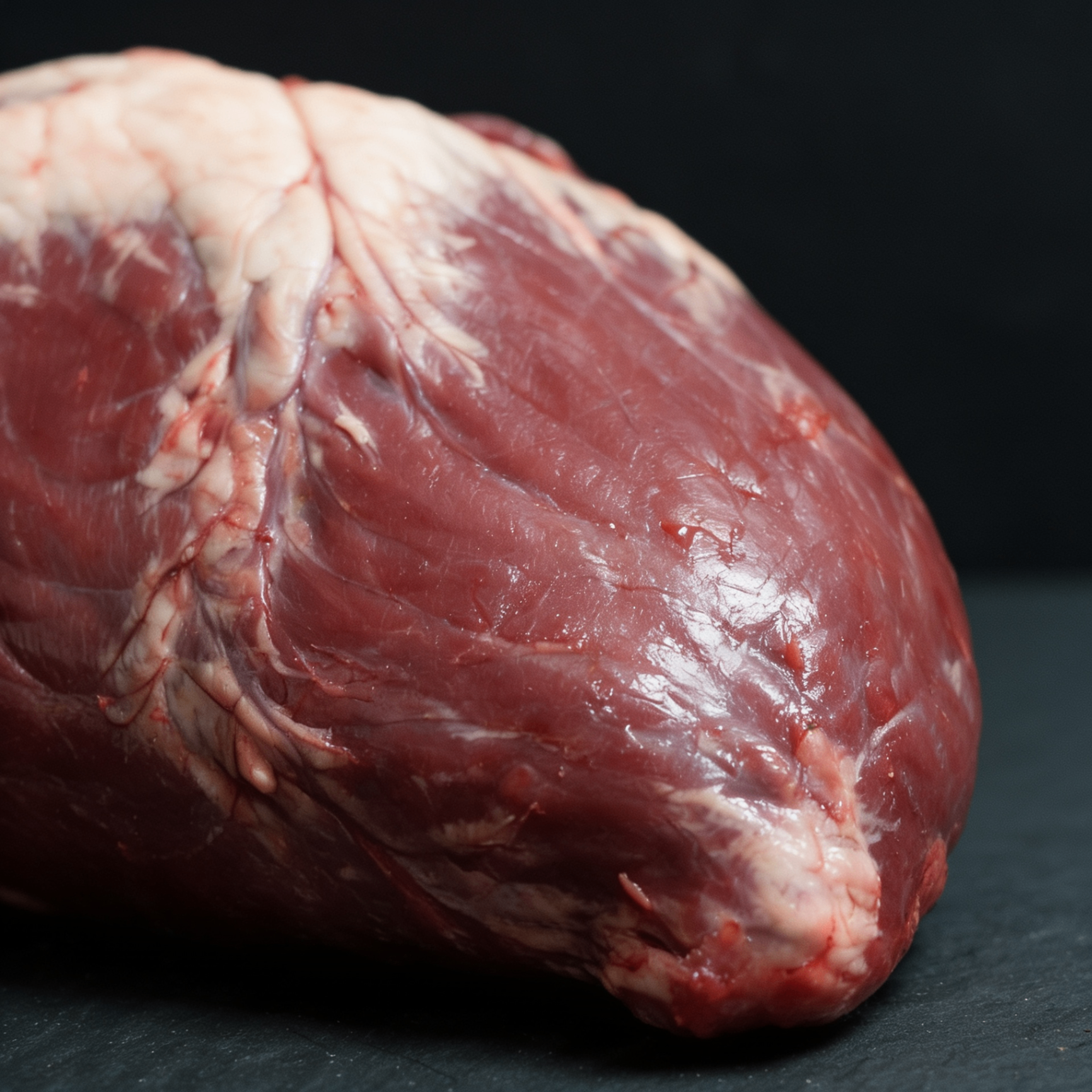Close-up of raw whole Black Angus beef heart on butcher paper