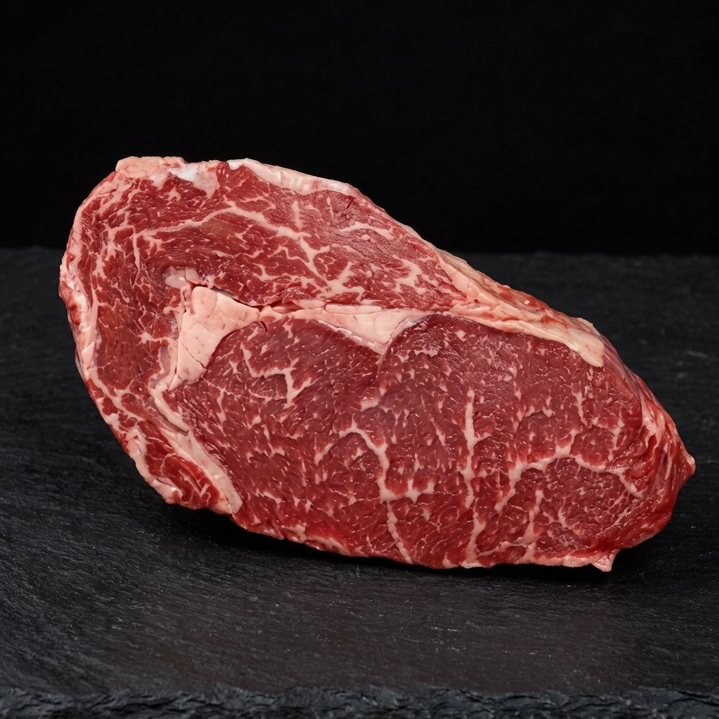 Black Angus ribeye steak with strong marbling UK supplier
