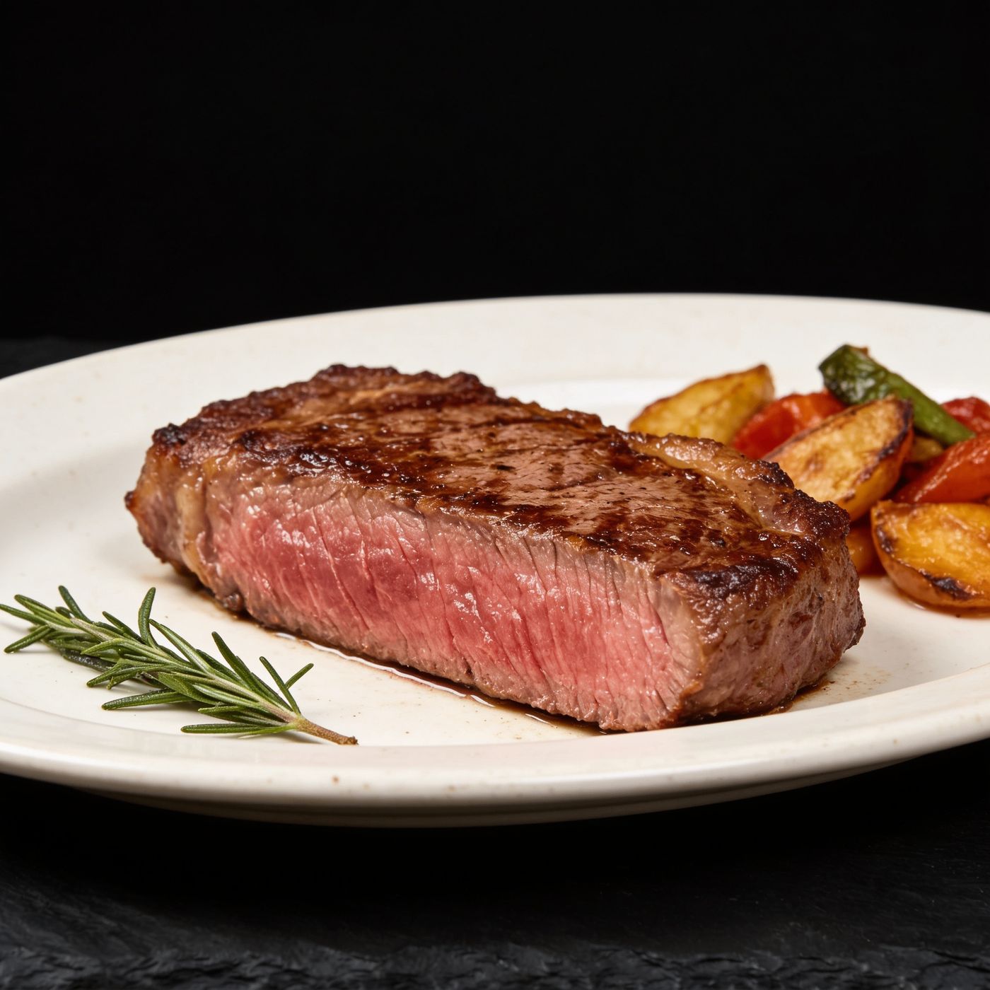 Cooked Black Angus ribeye sliced medium rare