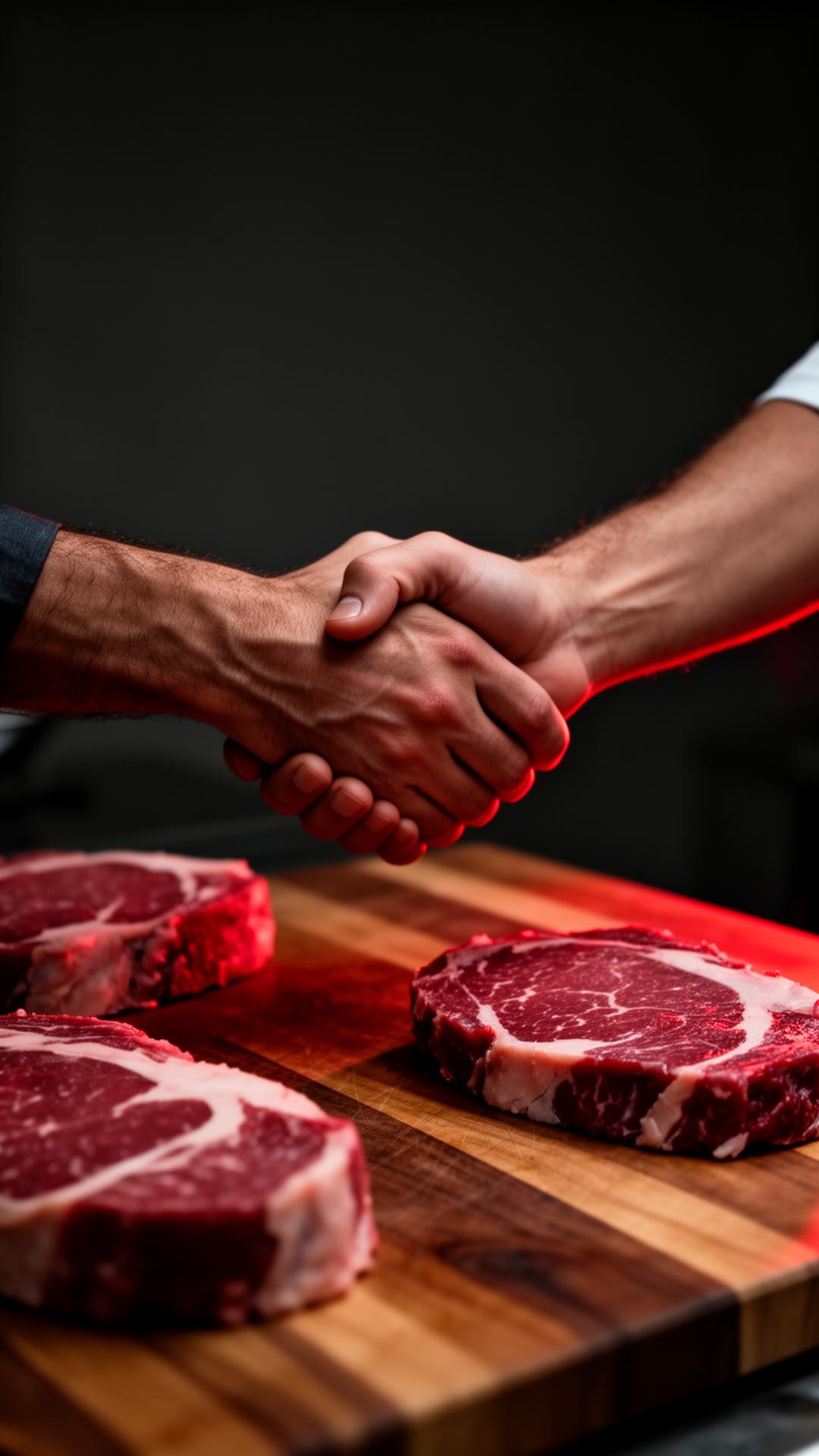 Trade partnership handshake over premium beef cuts